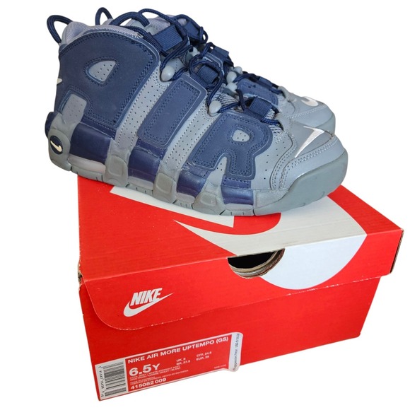 Size 6.5‎ (Big Boys)-Nike Air More Uptempo Cool Grey/ White Midnight Navy - Picture 2 of 10